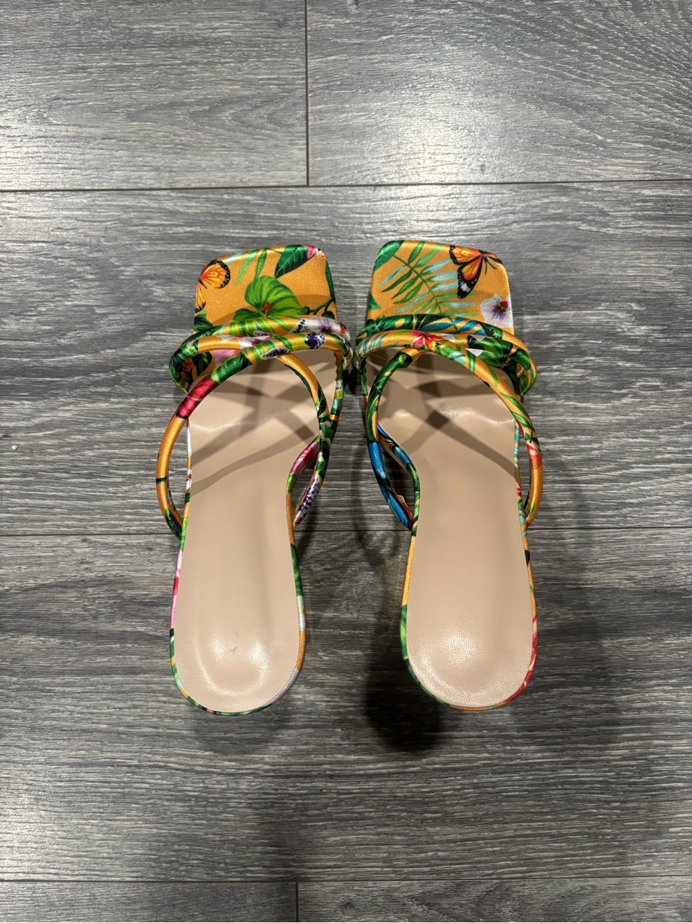 Tropical Print Square-Toe Slide Sandals - Yellow Floral